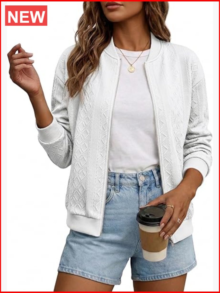 Zip Up Jacquard Textured Bomber Jacket - Lightweight Full-Lined Casual Outerwear